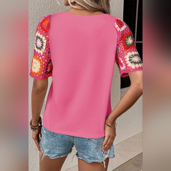 Geometric Round Neck Short Sleeve Blouse. Hit The Like ♡ Button For SALE Price - Picture 2 of 4